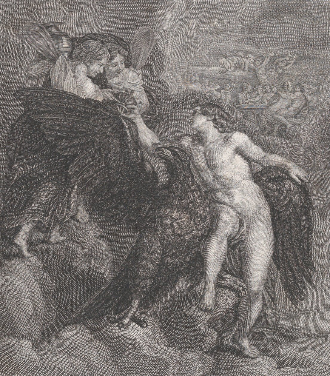 Ganymedes, nojaten kotkaan, vastaanottamassa maljan Hebeltä, 1786 tekijältä Benoit Louis Henriquez