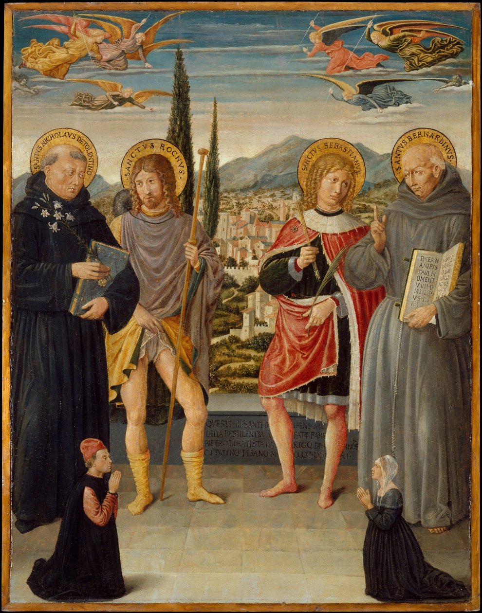 Pyhät Nicholas of Tolentino, Roch, Sebastian ja Bernardino Siena, polvistuneen luovuttajan kanssa tekijältä Benozzo di Lese di Sandro Gozzoli