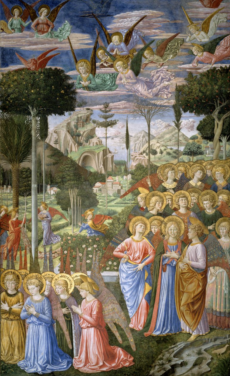 Enkelit taivaallisessa maisemassa, apsidin oikea seinä, Kappelin tietäjien matka -syklistä, n. 1460 tekijältä Benozzo di Lese di Sandro Gozzoli