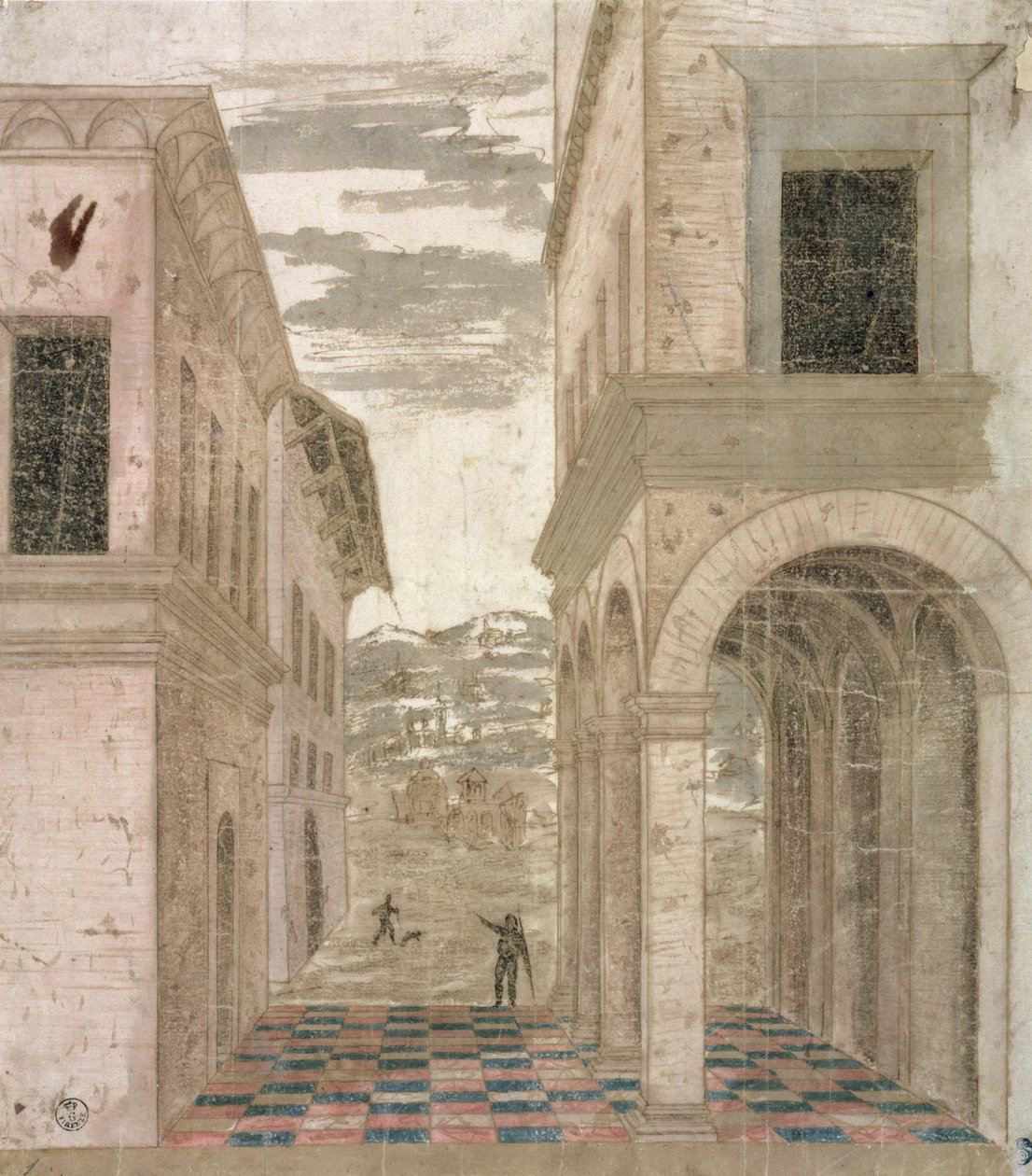 Arkkitehtoninen Capriccio, tutkimus perspektiivistä (kynä ja muste pesulla paperille) tekijältä Benozzo di Lese di Sandro Gozzoli