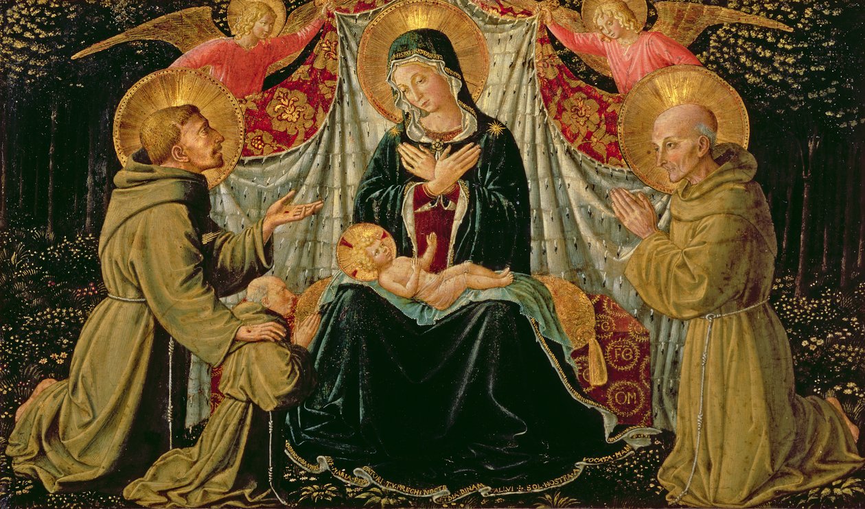 Madonna ja lapsi Pyhän Franciscuksen ja lahjoittajan Fra Jacopo da Montefalcon (vasemmalla) ja Sienan Pyhän Bernardinon kanssa (oikealla), n. 1452 (paneeli) tekijältä Benozzo di Lese di Sandro Gozzoli