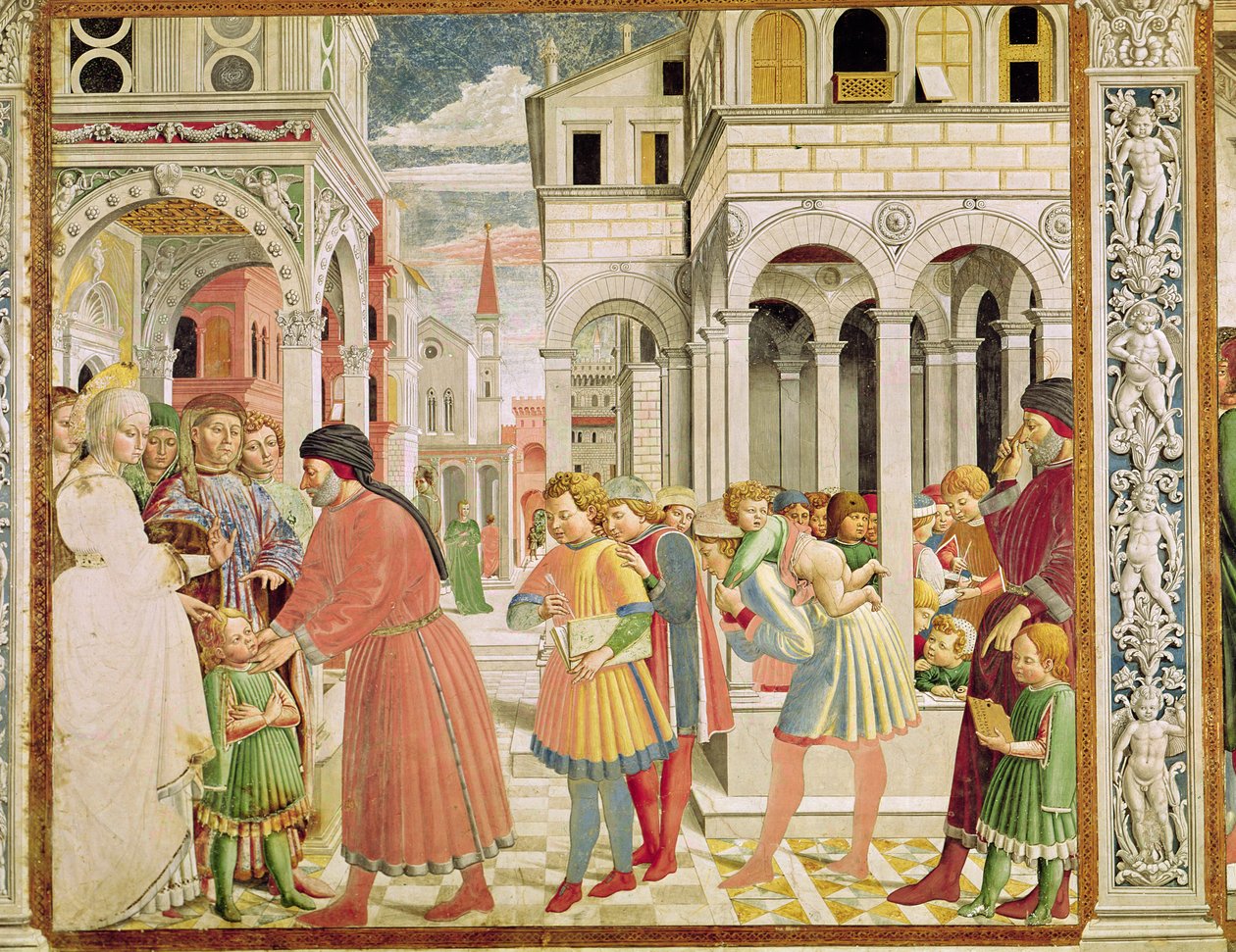 Augustinus vanhempiensa johdolla Tagasten koulussa, Augustinuksen elämästä, 1464-65. tekijältä Benozzo di Lese di Sandro Gozzoli