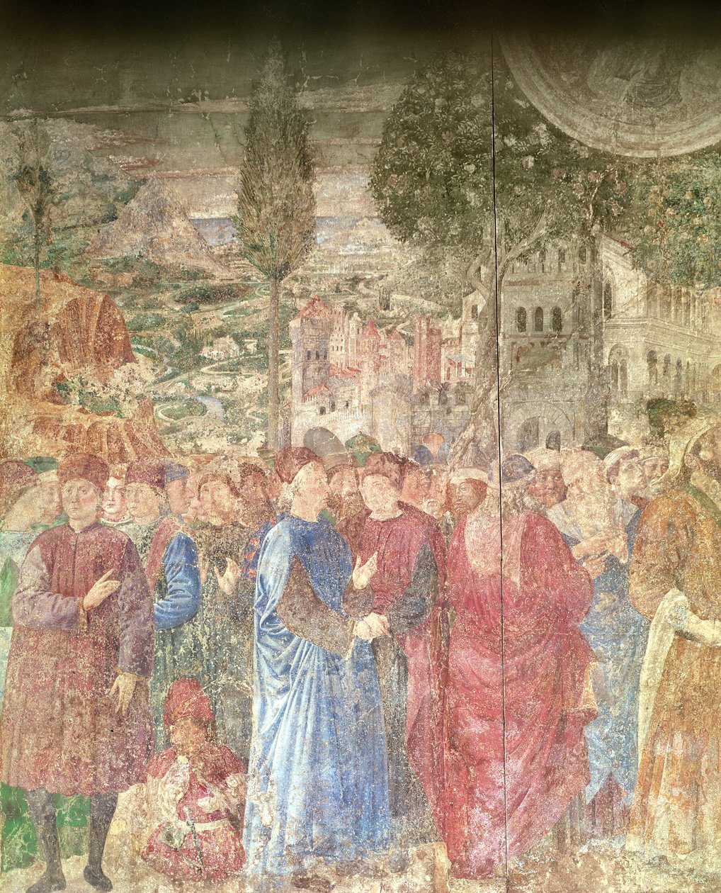 Baabelin tornin rakennus, yksityiskohta Medicien talosta tutkimassa rakennustyötä, 1468-84 fresko tekijältä Benozzo di Lese di Sandro Gozzoli