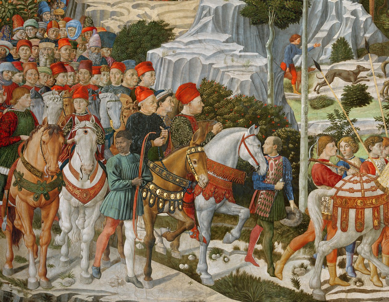 Maagien matka Betlehemiin, kappelin oikea seinä, n. 1460 freskon yksityiskohta 70619 tekijältä Benozzo di Lese di Sandro Gozzoli