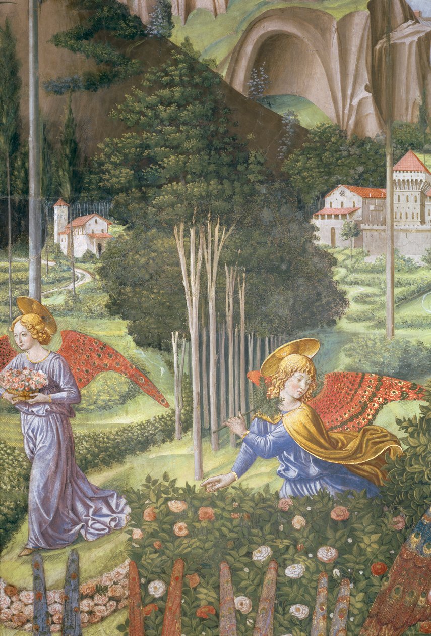 Enkeli kerää kukkia taivaallisessa maisemassa, yksityiskohta kappelin maagisten matkasta, n.1460, fresko 70615:n yksityiskohta tekijältä Benozzo di Lese di Sandro Gozzoli