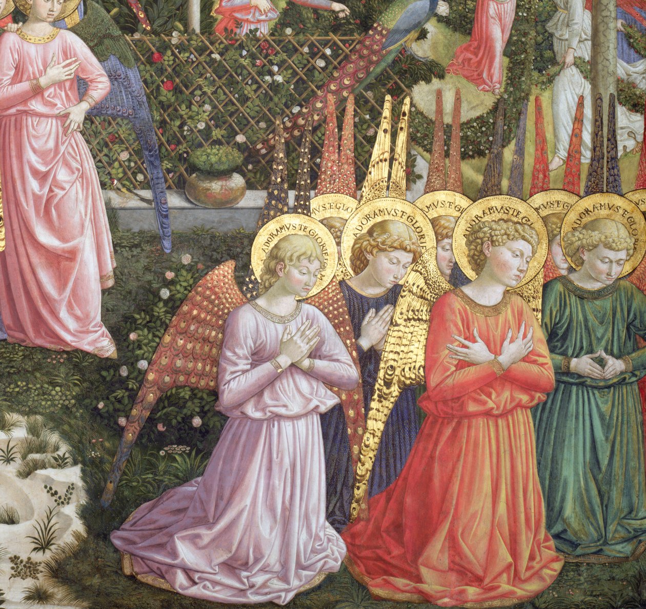 Enkelit taivaallisessa maisemassa, apsidin vasen seinä, Kappelin tietäjien matka -syklistä n. .1460 (70610:n yksityiskohta) tekijältä Benozzo di Lese di Sandro Gozzoli