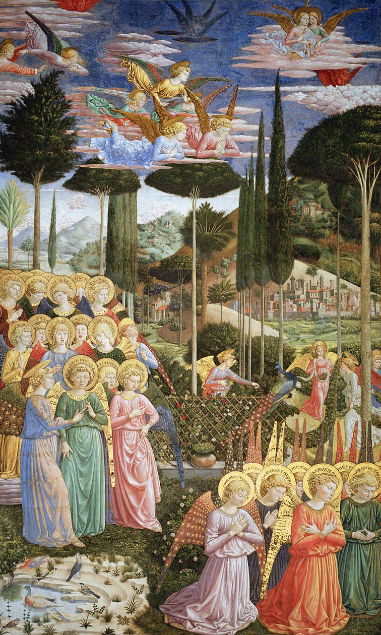Enkelit taivaallisessa maisemassa, apsidin vasen seinä, Kappelin Journey of the Magi -syklistä n. .1460 (katso yksityiskohdat 83051) tekijältä Benozzo di Lese di Sandro Gozzoli