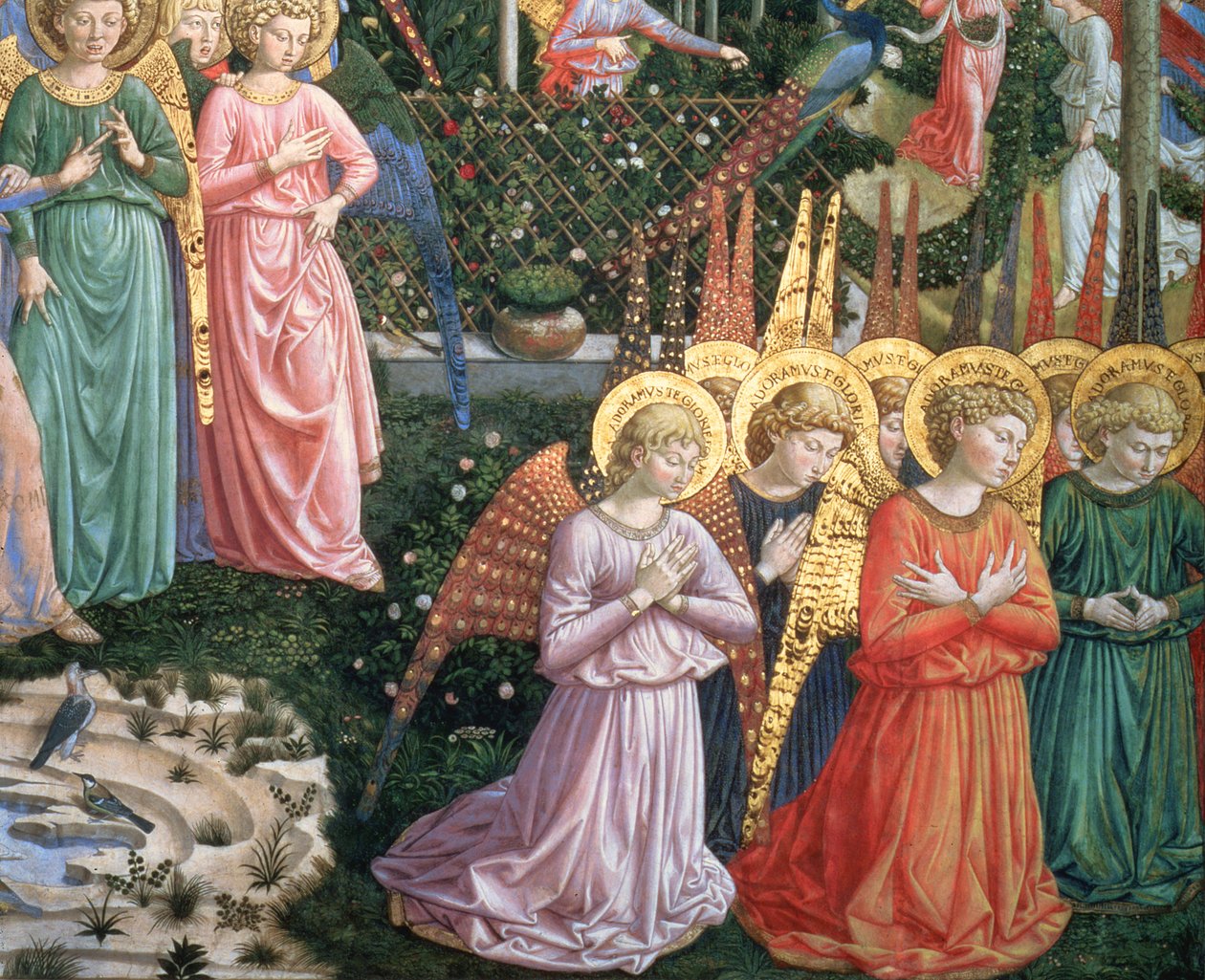 Enkelit taivaallisessa maisemassa, apsiksen vasen seinä, kappelin maagisten matka -jaksosta, n.1460, fresko, yksityiskohta 70610. tekijältä Benozzo di Lese di Sandro Gozzoli