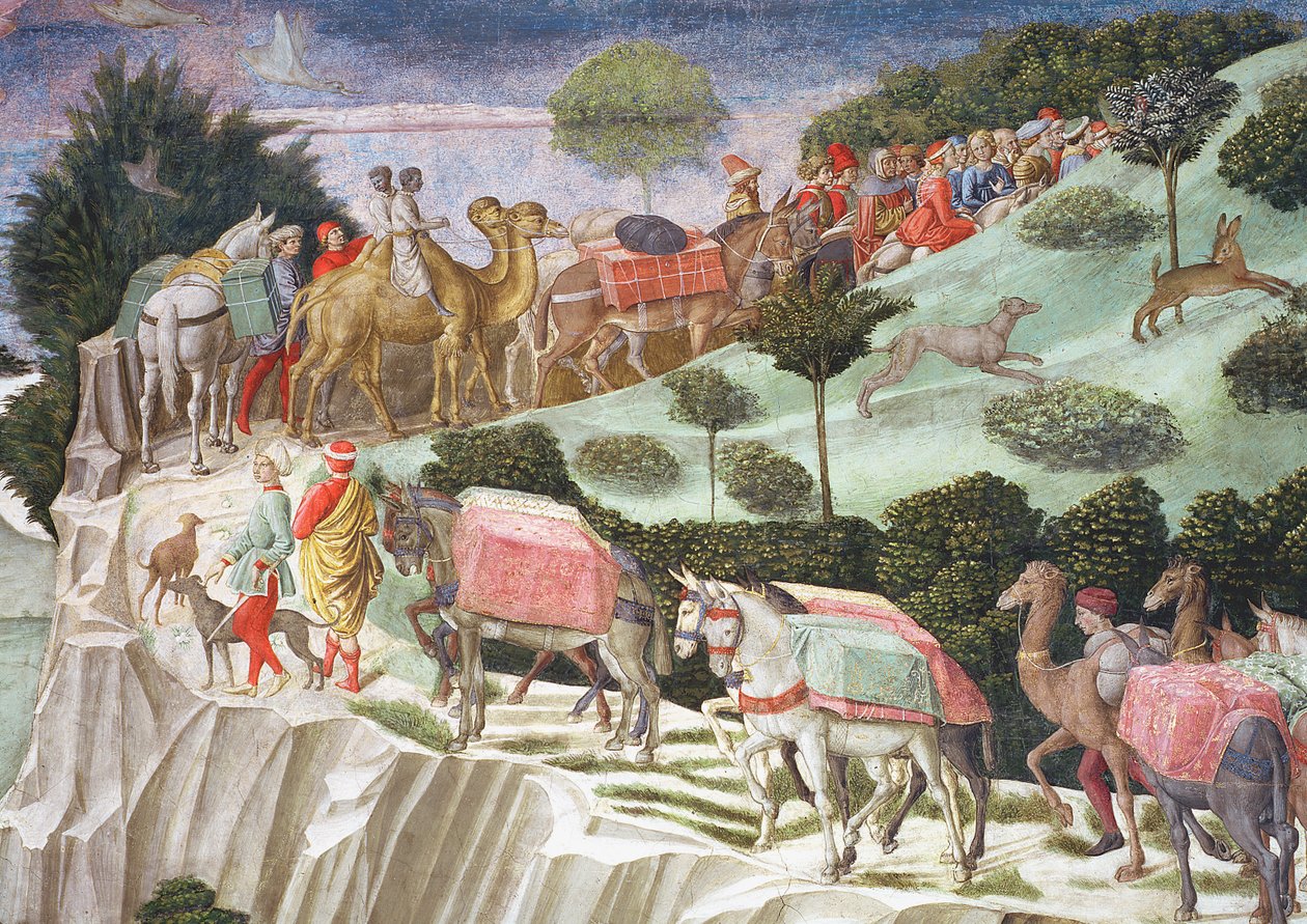 Laumaeläinten karavaani kiipeämässä kukkulalle, yksityiskohta kappelin maagisten matkasta, n.1460, fresko 70601:n yksityiskohta tekijältä Benozzo di Lese di Sandro Gozzoli