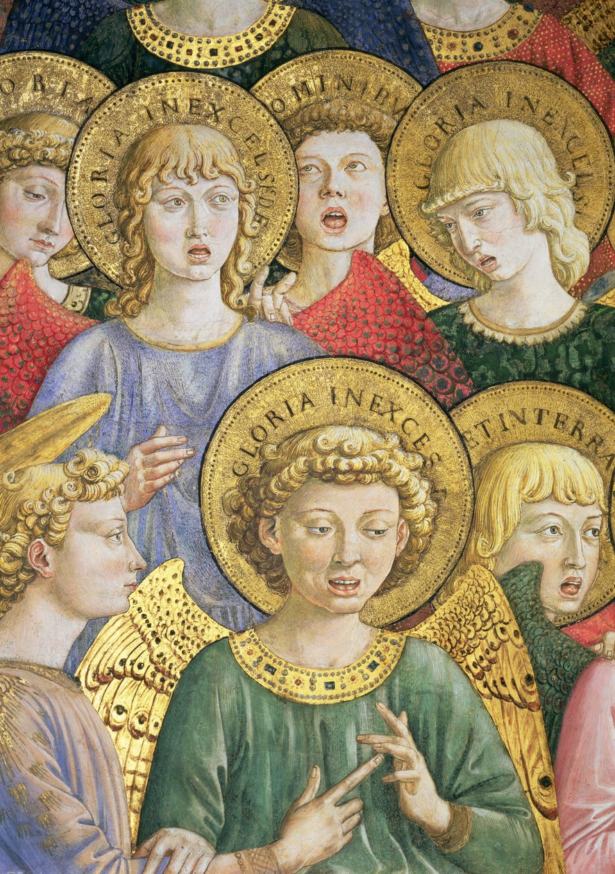 Enkelten kuoro, yksityiskohta kappelin maagisten matkasta, n.1460, fresko 70610:n yksityiskohta tekijältä Benozzo di Lese di Sandro Gozzoli