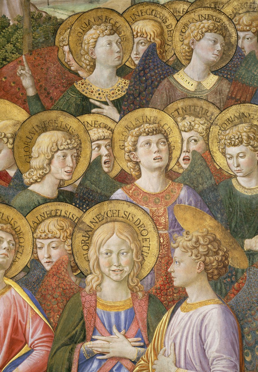 Enkelten kuoro, yksityiskohta kappelin maagisten matkasta, n.1460, fresko 70615:n yksityiskohta tekijältä Benozzo di Lese di Sandro Gozzoli