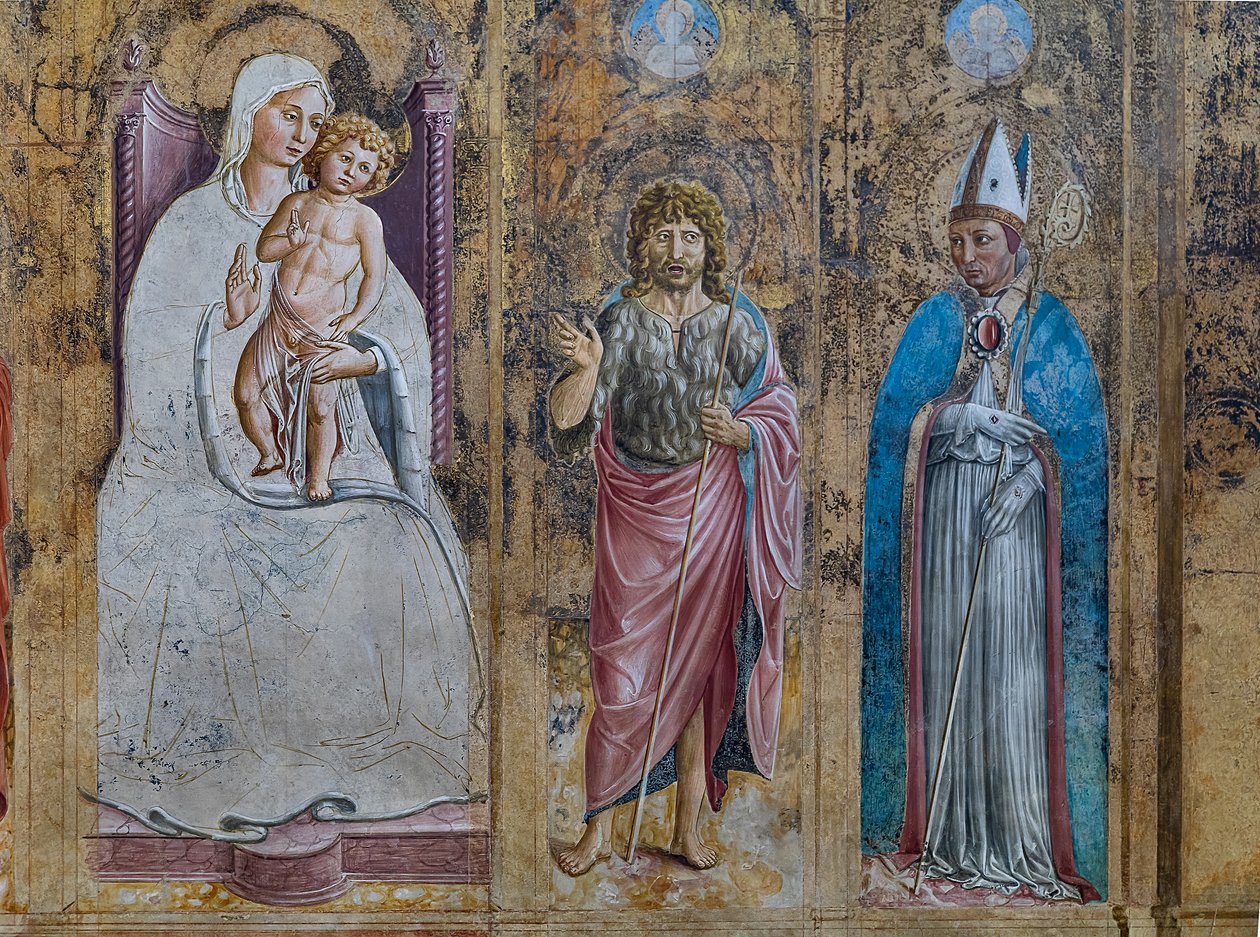 Yksityiskohta väärennetystä polyptyykistä, jossa on Neitsyt Maria ja lapsi, S. Anthony Padovalainen, St. John ja St. Louis Toulouse, Pyhän Hieromuksen kappeli tekijältä Benozzo di Lese di Sandro Gozzoli