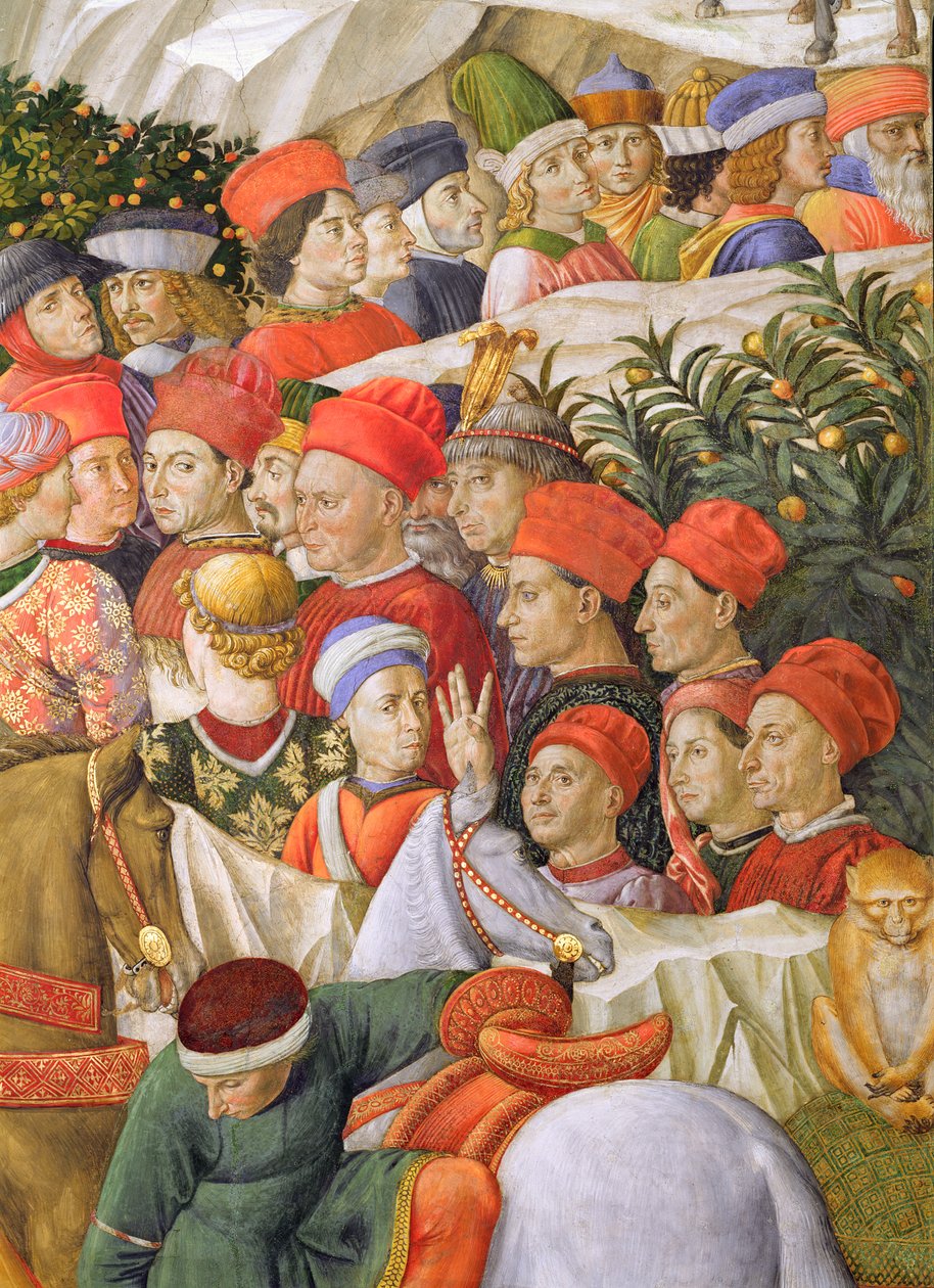 Kasvot kulkueessa, yksityiskohta kappelin maagisten matkasta, n.1460, fresko 70601:n yksityiskohta tekijältä Benozzo di Lese di Sandro Gozzoli