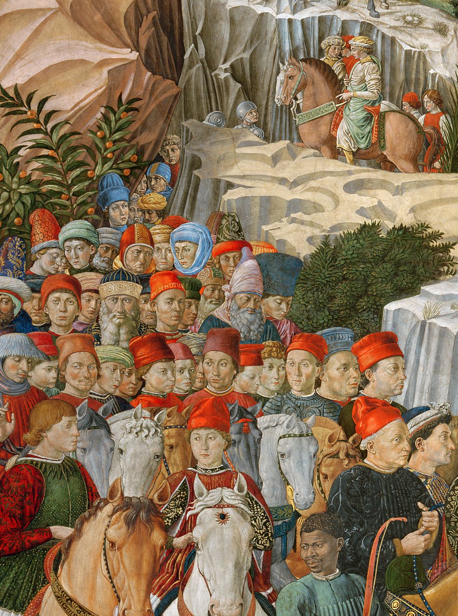 Kasvot kulkueessa, mukaan lukien Gozzolin omakuva (päällään punainen lippalakki, jossa kullanvärinen teksti: Opus Benotii), yksityiskohta Kappelin Magi-syklistä, n. 1460 (k. tekijältä Benozzo di Lese di Sandro Gozzoli