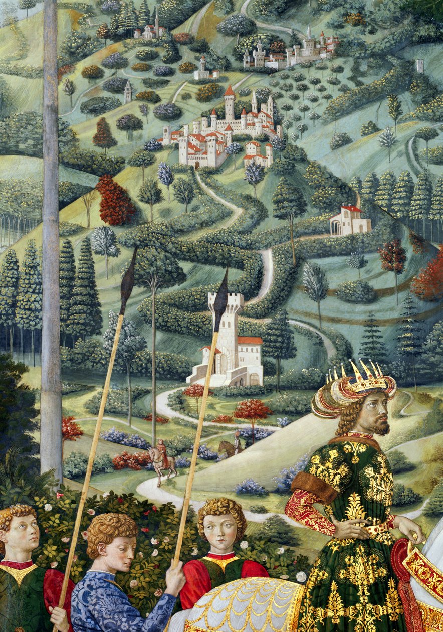 Fantastinen maisema, yksityiskohta Journey of the Magi -syklistä kappelissa, n. 1460 tekijältä Benozzo di Lese di Sandro Gozzoli