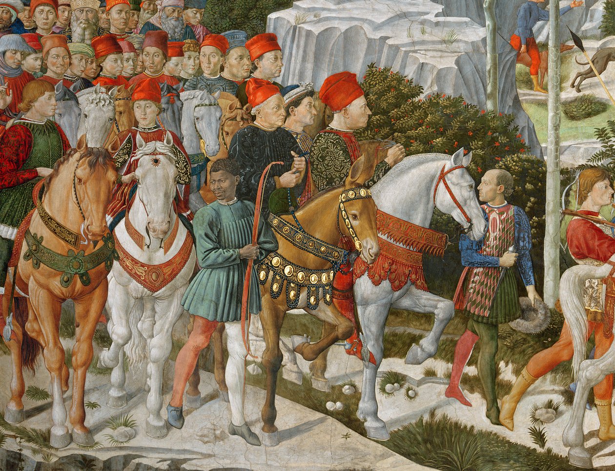 Galeazzo Maria Sforza, Milanon herttua (1444-76), äärivasemmalla, ruskealla hevosella ja Sigismondo Pandolfo Malatesta, Riminin hallitsija (1417-68) hänen vieressään harmaalla hevosella, yksityiskohta M-matkasta tekijältä Benozzo di Lese di Sandro Gozzoli