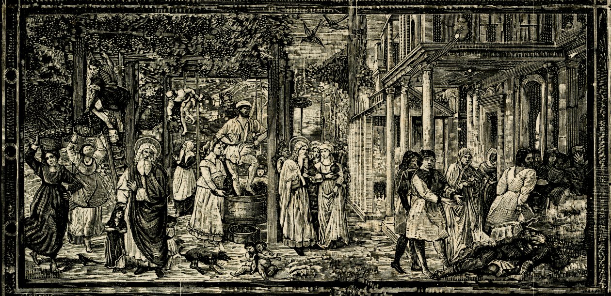 Grape Harvest and Drunkenness of Nooa, fresko Benozzo Gozzoli (noin 1421-1497), Camposanto Monumentale (monumentaalinen hautausmaa), Pisa, Toscana, Italia, puupiirros Le cento città d