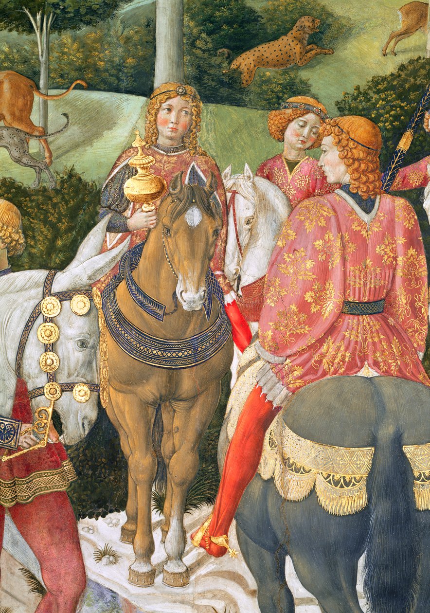 Ratsumiehet kuninkaallisessa seurueessa, yksityiskohta kappelin maagisten matkasta, n.1460, fresko 70601:n yksityiskohta tekijältä Benozzo di Lese di Sandro Gozzoli