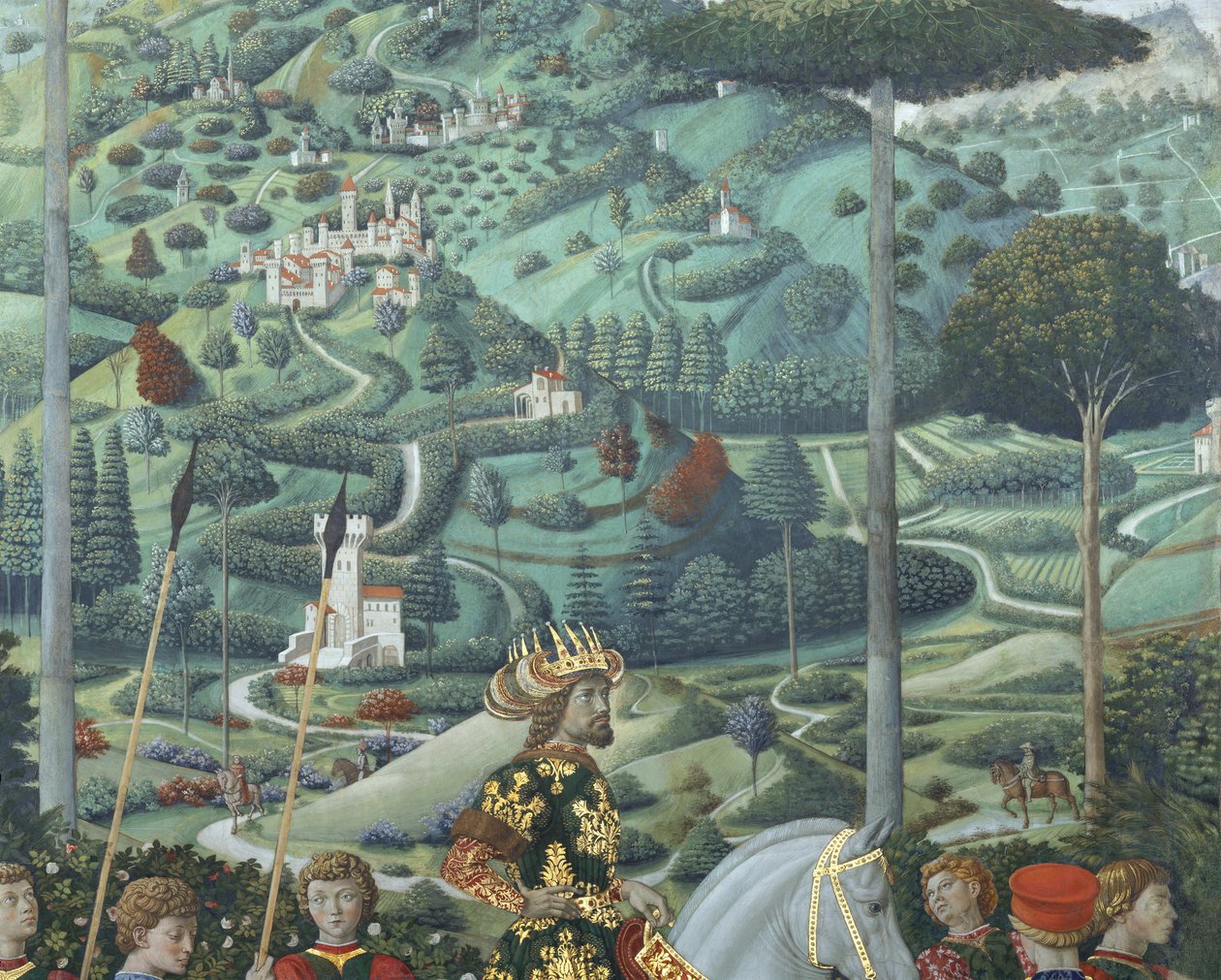 Johannes VII Palaeologus (1391-1448), Itä-Rooman keisari, Balthasarina, yhtenä kolmesta kuninkaasta, yksityiskohta kappelissa olevasta maagisten matkasta, noin 1460 (fresko). tekijältä Benozzo di Lese di Sandro Gozzoli