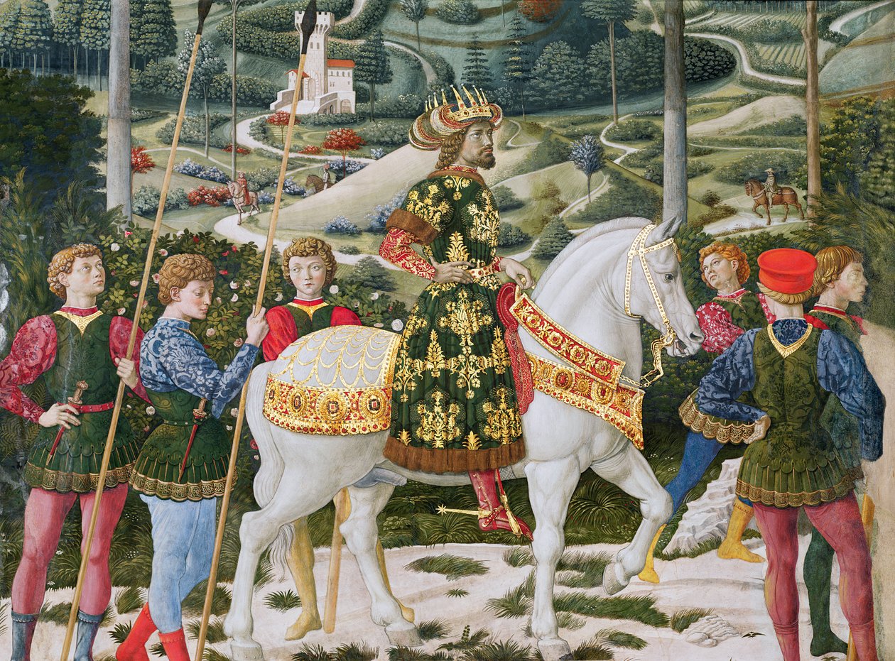 Johannes VII Palaeologos 1391-1448, Itä-Rooman keisari, yhtenä kolmesta kuninkaasta, yksityiskohta kappelissa olevasta Magien matka -jaksosta, noin 1460, fresko, yksityiskohta kuvasta 70625. tekijältä Benozzo di Lese di Sandro Gozzoli