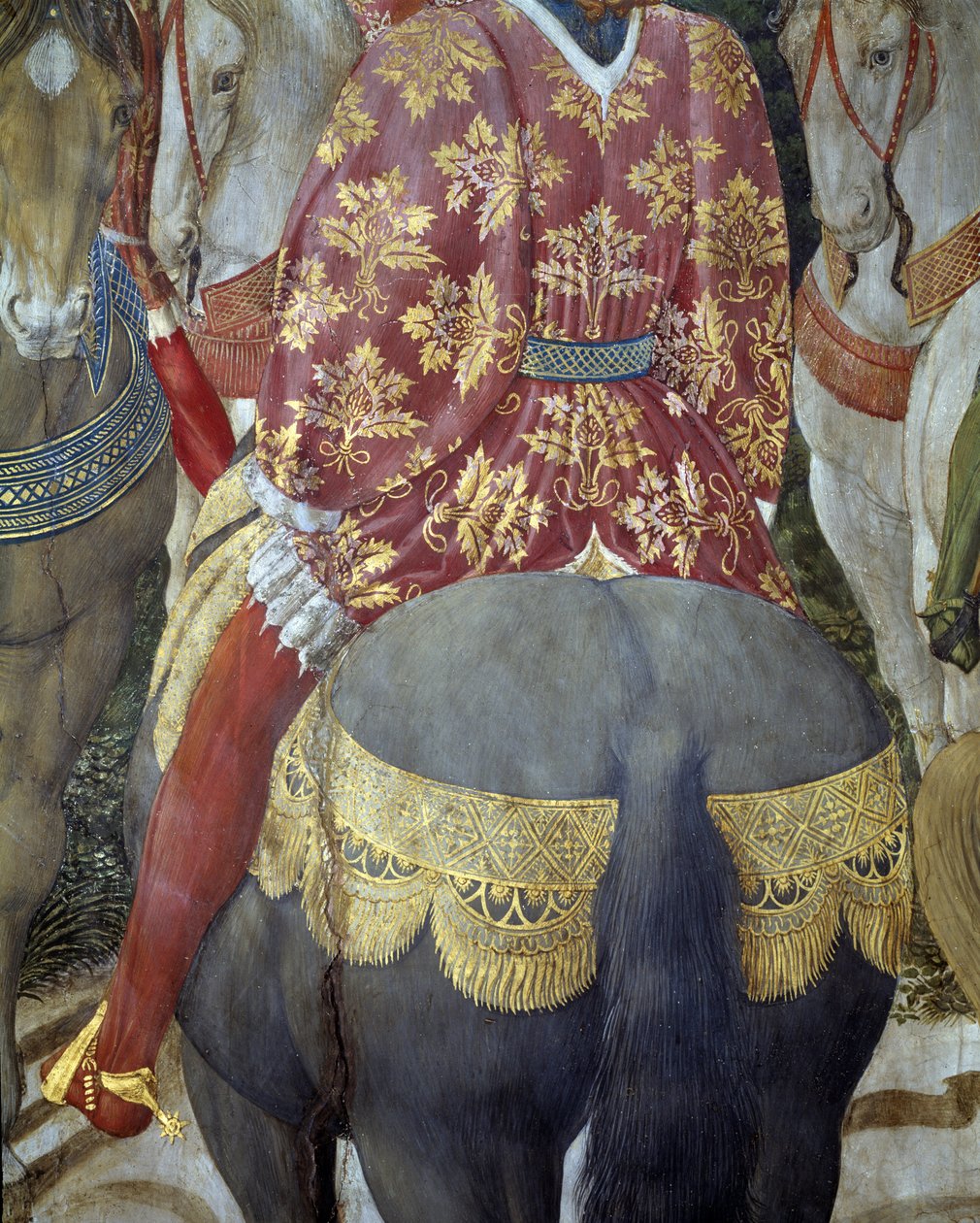 Ritari hevosen selässä ylellisissä merkeissä houkuttelee, yksityiskohta Maagien palvonnasta (Fresko tekijältä Benozzo di Lese di Sandro Gozzoli