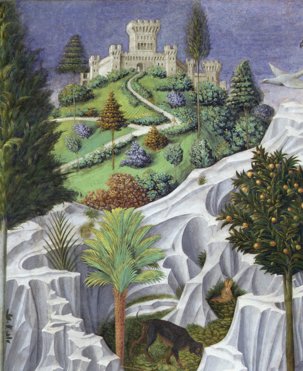 Maisema linnan kanssa, yksityiskohta Taikakuninkaan kulkueesta Betlehemiin tekijältä Benozzo di Lese di Sandro Gozzoli