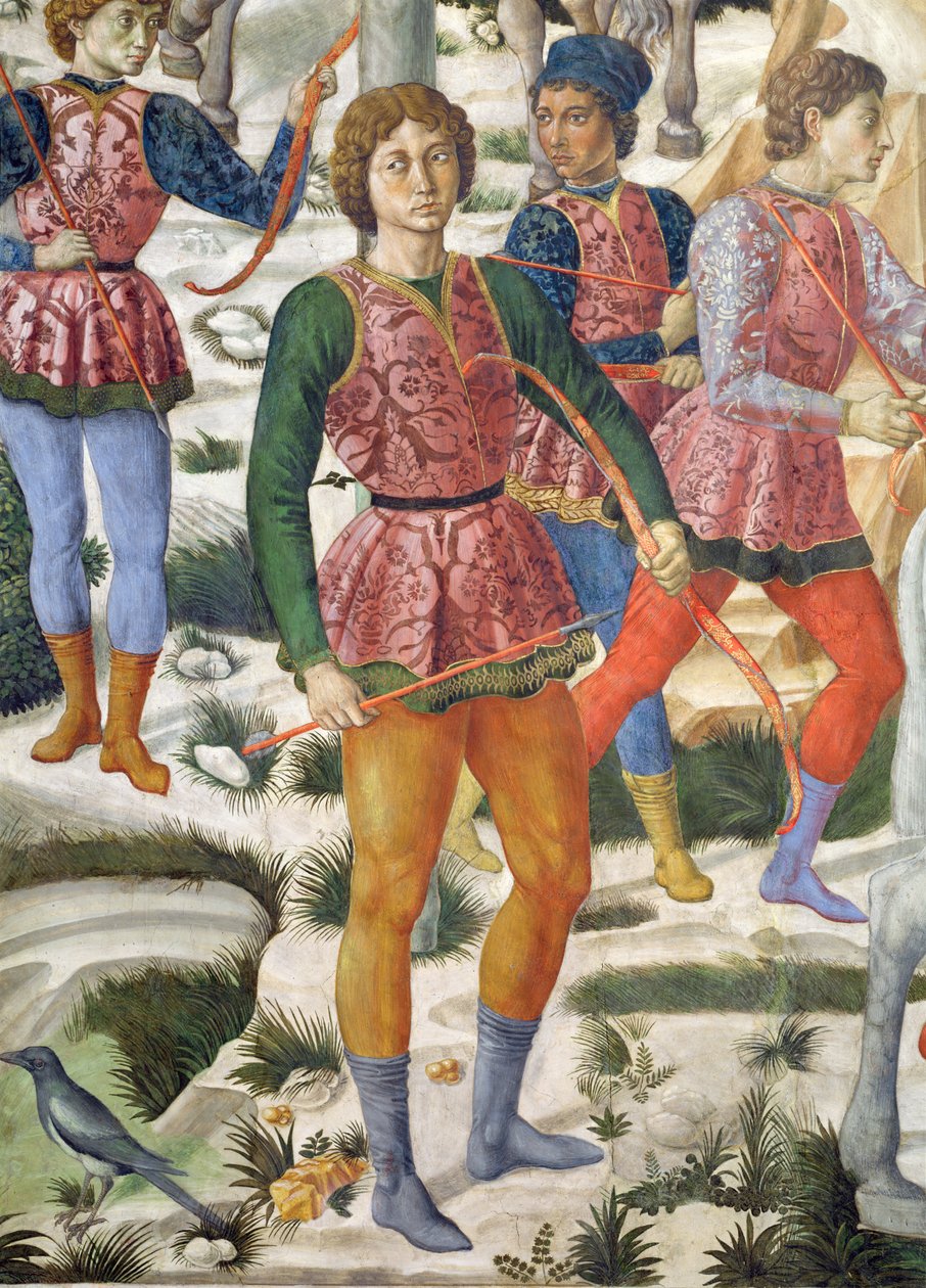 Jousimiehet, yksityiskohta kappelin maagisten matkasta, n.1460, fresko 70630:n yksityiskohta tekijältä Benozzo di Lese di Sandro Gozzoli
