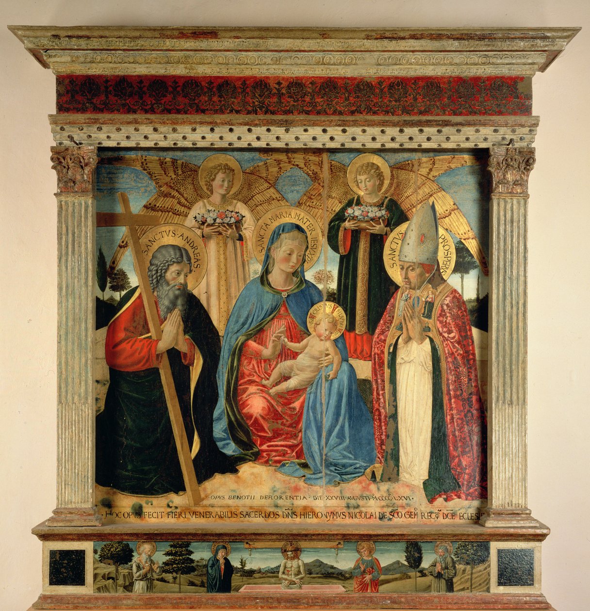 Madonna ja lapsi SS:n kanssa. Andrew ja Prosper, 1466 (tempera ja kultalehti paneelissa) tekijältä Benozzo di Lese di Sandro Gozzoli