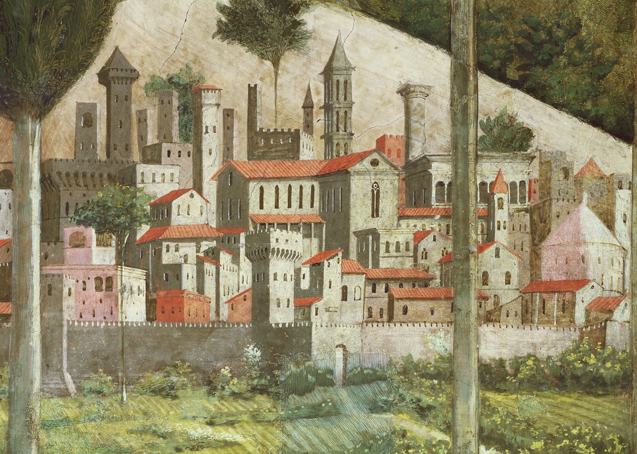 Keskiaikainen kaupunki, yksityiskohta kappelissa olevasta Maagien matka -jaksosta, n.1460 fresko, yksityiskohta 70610:stä. tekijältä Benozzo di Lese di Sandro Gozzoli