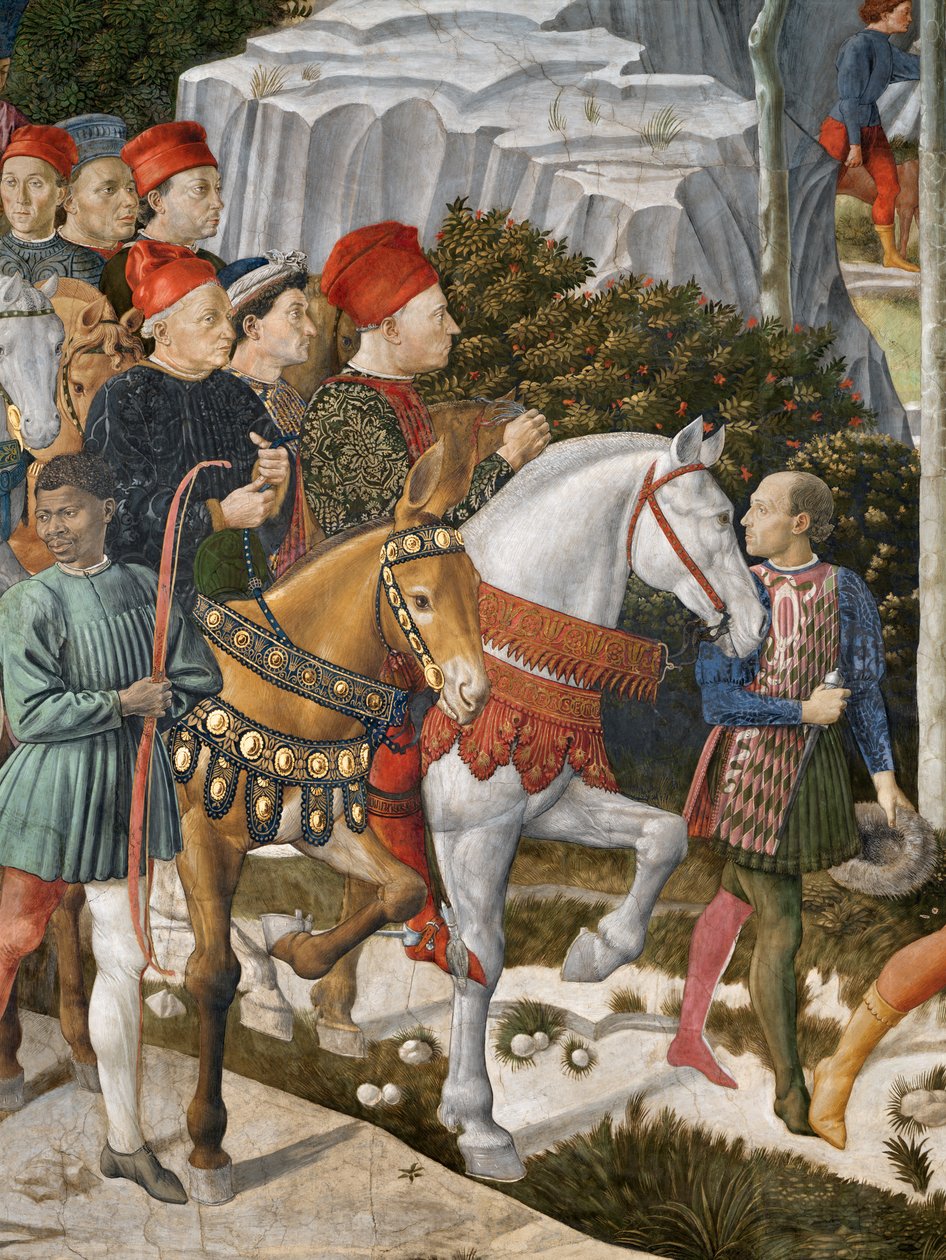 Muotokuvat: Piero deMedici muulin selässä, Cosimo deMedici keskellä ja herttua Salviati hevosen selässä, yksityiskohta kappelin maagisten matkasta, n.1460, fresko, yksityiskohta 70619. tekijältä Benozzo di Lese di Sandro Gozzoli