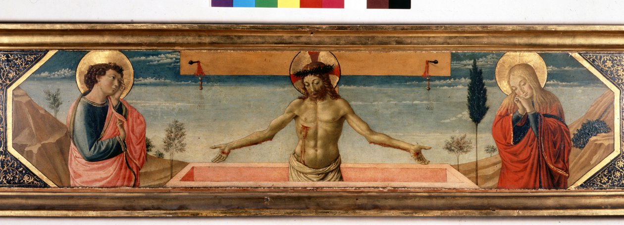 Predelle Kristuksen kanssa hurskaudessa ja pyhissä. Gozzoli Benozzon (1420 - 1497) maalaus (yksityiskohta) tekijältä Benozzo di Lese di Sandro Gozzoli