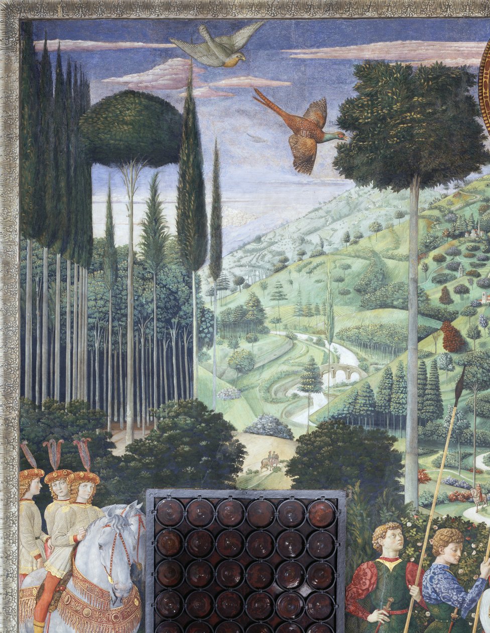 Balthasarin kulkue Johannes VIII Palaeologina, yksityiskohta kappelin maagisten matkasta, noin 1460 (fresko). tekijältä Benozzo di Lese di Sandro Gozzoli