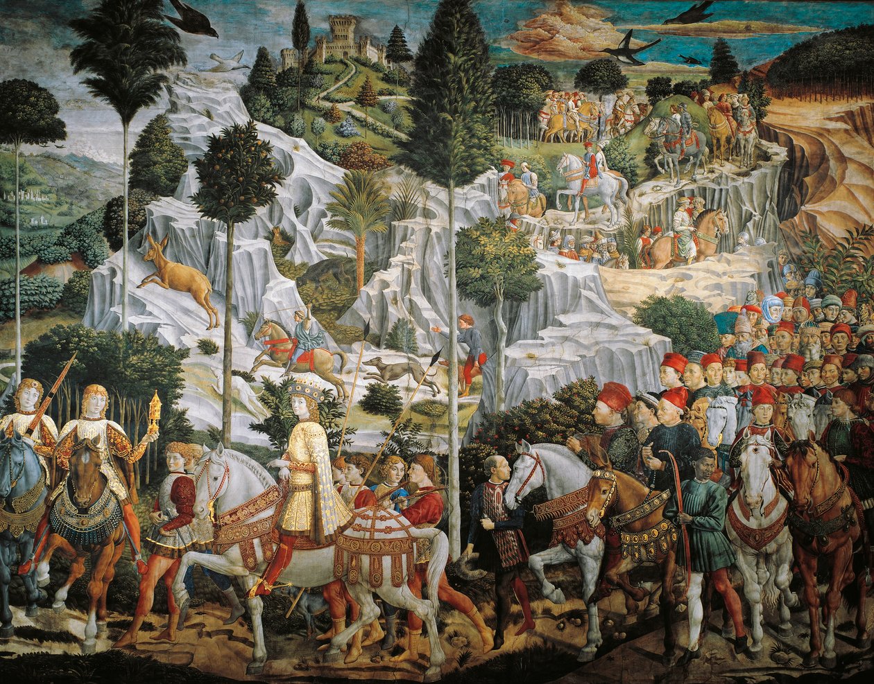 Magi Kings -kulkue Betlehemiin, kirjoittanut Benozzo Gozzoli (1420-1497), fresko, tempera ja öljy seinälle, Palazzo Medici Riccardin kappeli, Firenze tekijältä Benozzo di Lese di Sandro Gozzoli