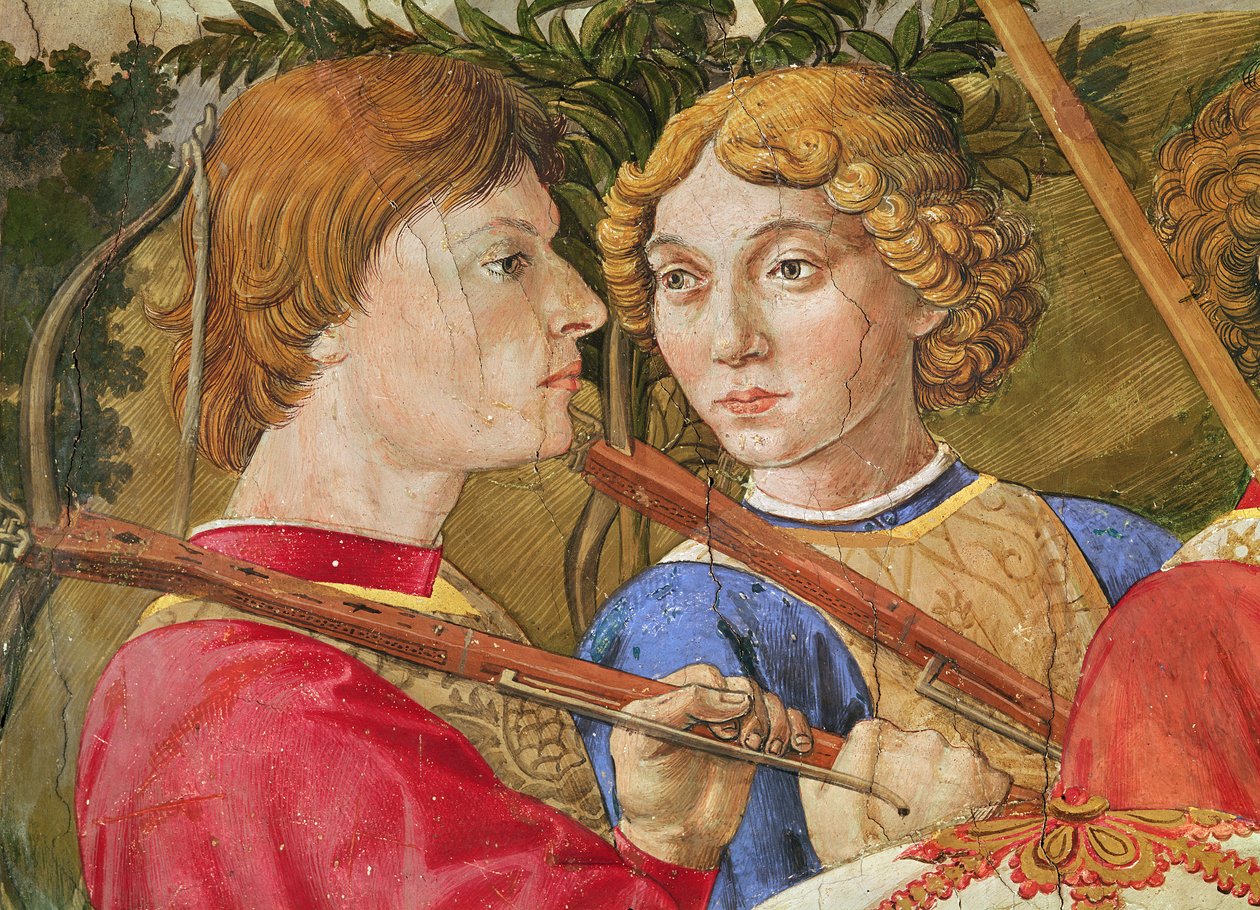 Magi-kulkue, Lorenzo Suuren johtama kulkue Magus Casparin hahmossa, yksityiskohta kahden varsijousimiehen päästä, 1459-1462 tekijältä Benozzo di Lese di Sandro Gozzoli