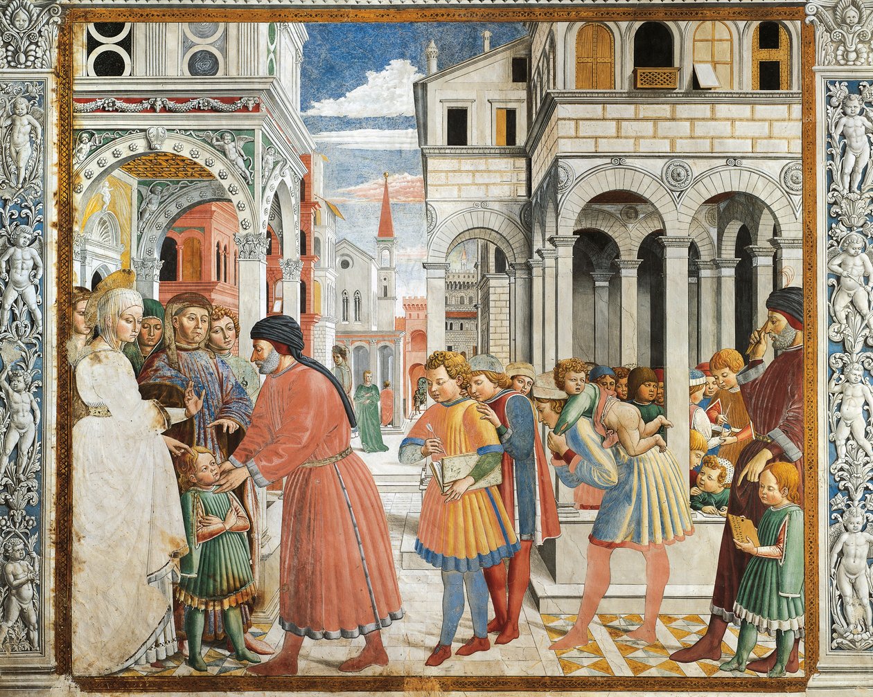 Vanhempansa veivät Pyhän Augustinuksen kieliopin opettajaksi Tagasteen, Benozzo Gozzoli (1420-1497), fresko, Pyhän Augustinuksen kirkko, San Gimignano (UNESCOn maailmanperintöluettelo) tekijältä Benozzo di Lese di Sandro Gozzoli