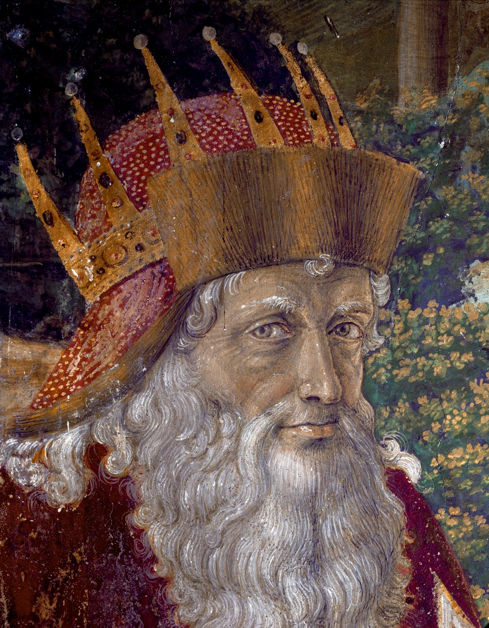 Taikaiden matka. Jerusalemin tietäjien kortege Betlehemissä nimeltä "Viaggio dei Magi" tai "Cavalcata dei Magi" italiaksi. Yksityiskohta, joka edustaa Konstantinopolin patriarkkaa Josephia vuosina 1261–1276. Benozzo di:n fresko Magi-kappelista tekijältä Benozzo di Lese di Sandro Gozzoli