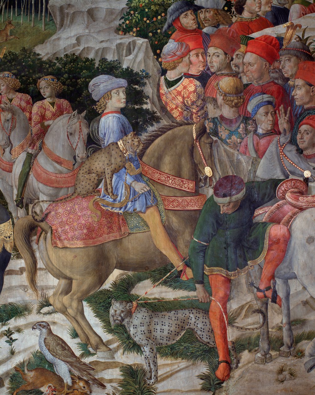 Jerusalemin tietäjien taikakorteesin matka Betlehemiin, italiaksi kutsuu "Viaggio dei Magi" tai "Cavalcata dei Magi" Julien de Medicin (1453-1478) yksityiskohta (Giuliano de 