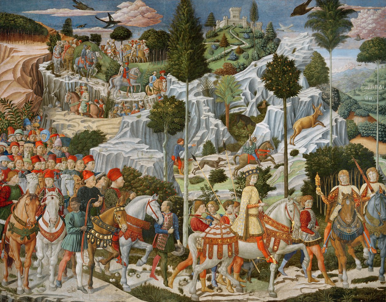 Tiedemiesten matka Betlehemiin, kappelin oikealle seinälle, n. 1460 tekijältä Benozzo di Lese di Sandro Gozzoli