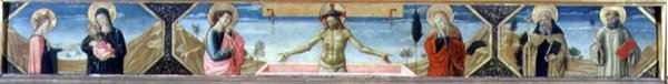 Pyhän Katariinan, ylösnousseen Kristuksen ja pyhän Antoniuksen mystinen avioliitto, apotti ja pyhä Benedictus (paneeli). tekijältä Benozzo di Lese di Sandro Gozzoli