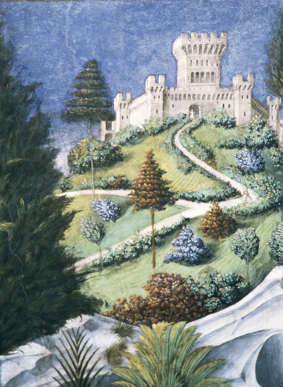 Polku, joka johtaa linnaan, maagisten matkasta, 1459, fresko, yksityiskohta vuodelta 636. tekijältä Benozzo di Lese di Sandro Gozzoli
