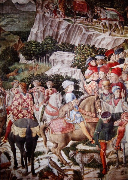 The Procession of the Magi, yksityiskohta ritarista leopardin kanssa Melchiorin kulkueessa, n. 1460 (yksityiskohta 70601) tekijältä Benozzo di Lese di Sandro Gozzoli