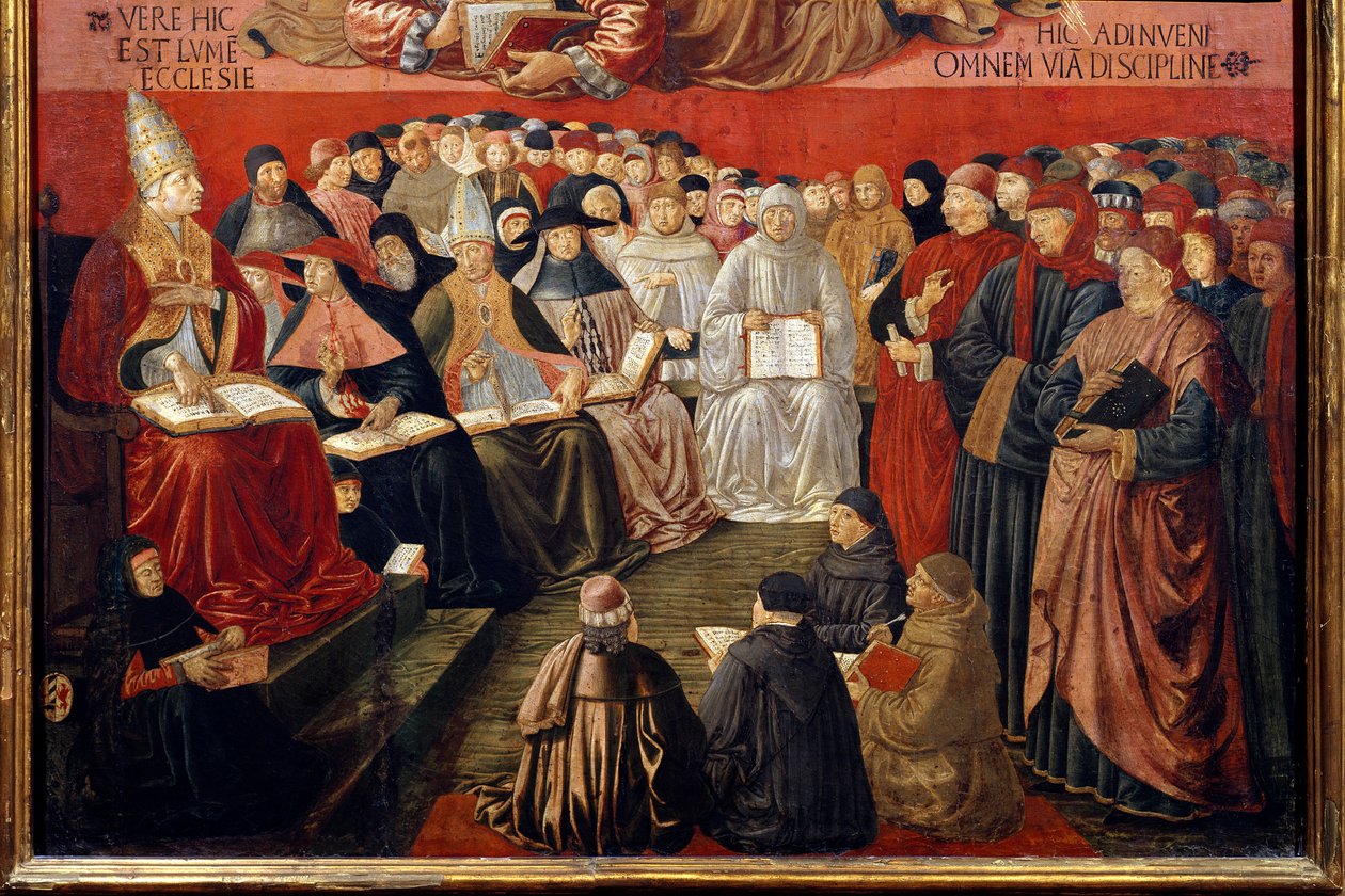 Pyhän Tuomas Akvinolaisen (1225-1274) voitto. Yksityiskohta, joka edustaa paavi Sixtus IV:tä (1414-1484), joka johtaa neuvostoa Pyhän Tuomas Akvinolaisen ja Pyhän Bonaventuren (jonka hän kutsui virkaan) läsnäollessa. Benozzo di Lese di Sandron maalaus Beno tekijältä Benozzo di Lese di Sandro Gozzoli