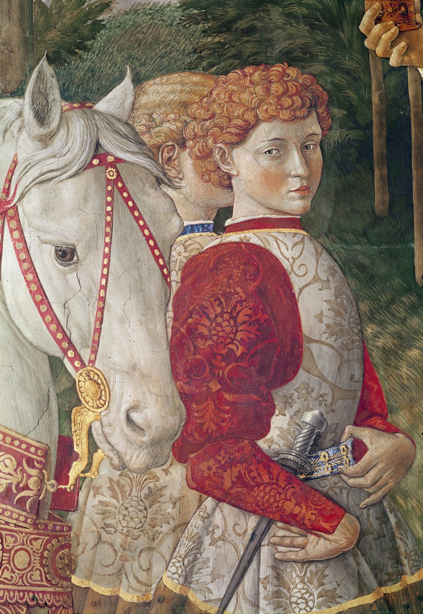 Kaksi maksullista palvelijaa ja Lorenzo Suurmiehen hevosen pää, yksityiskohta kappelissa olevasta Pyhimysten matka -jaksosta, n. 1460. tekijältä Benozzo di Lese di Sandro Gozzoli