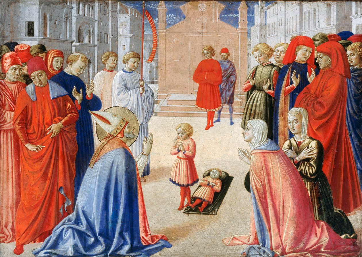 Zenobe Firenzestä (Saint Zenobe, San Zanobi tai Zenobio) (337-417) - Pyhä Zenobius herättää pojan kuolleista - Gozzolin maalaus, Benozzo (n. 1420-1497) tekijältä Benozzo di Lese di Sandro Gozzoli