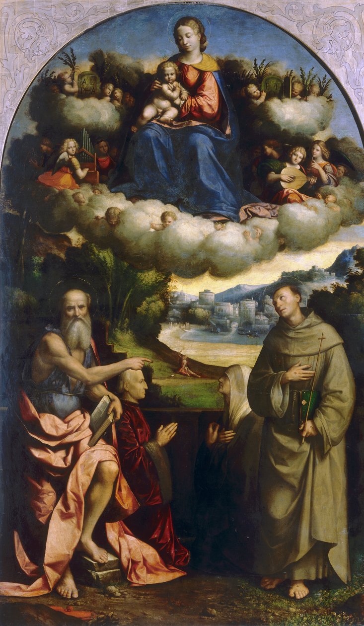 Pilvien Madonna pyhien kanssa, Garofalo, Pinacoteca Nazionale Ferrarassa tekijältä Benvenuto Tisi da Garofalo