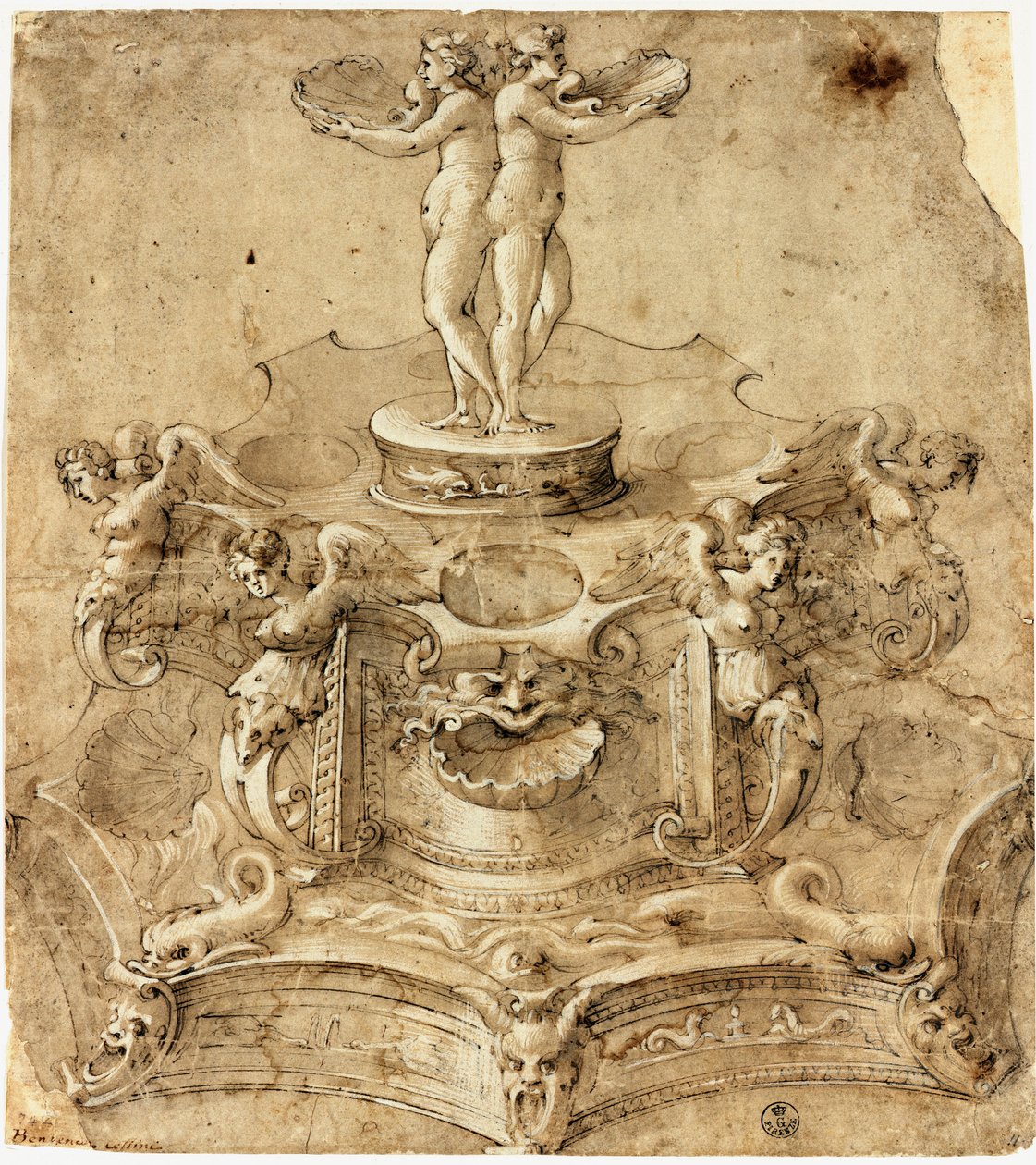 Kuusikulmaisen muotoinen suolasuola. Piirustus Benvenuto Cellini (1500-1571) Firenze, Uffizi-museo, grafiikan ja piirustuksen osasto tekijältä Benvenuto Cellini