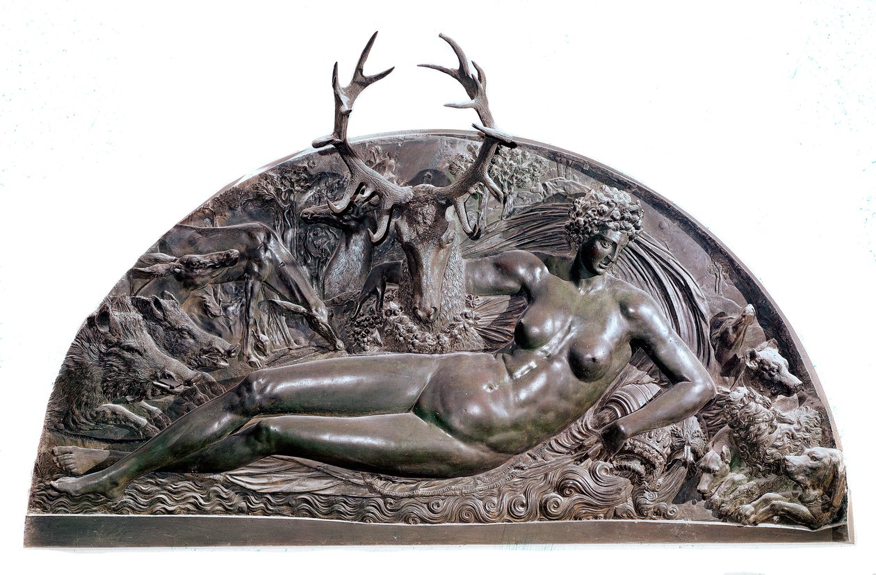 Fontainebleau Basin nymfi Benvenuto Cellinin (1500-1571) pronssireliefi Anetin linnasta. 1542 Koko 409x205 cm Pariisi, Musee du Louvre tekijältä Benvenuto Cellini