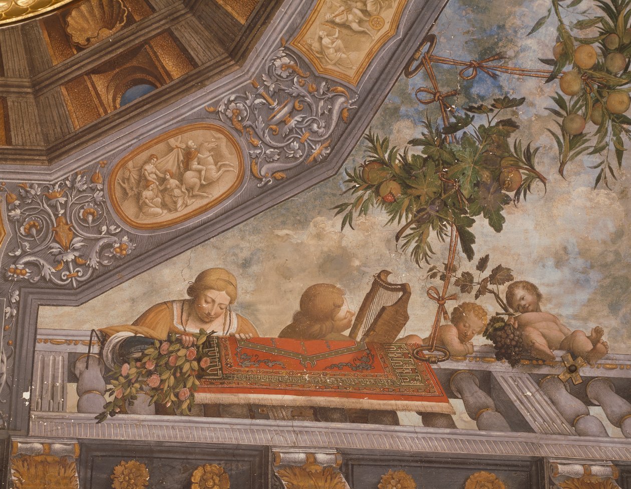 Tammi, muusikko ja kupidot parvekkeella, yksityiskohta kattofreskosta, Garofalo (1481-1559), Treasury Room, Ludovico il Moro Palace tai Costabili Palace, Ferrara, Italia tekijältä Benvenuto Tisi da Garofalo