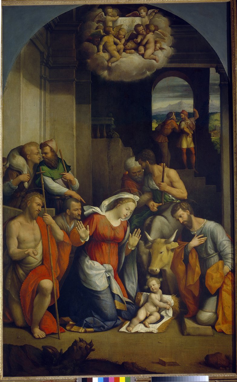 Kristus-lapsen palvonta (paimenten palvonta). (Kristuslapsen palvonta). Benvenuto Tisi Da Garofalon (1481-1559) maalaus öljy kankaalle tekijältä Benvenuto Tisi da Garofalo