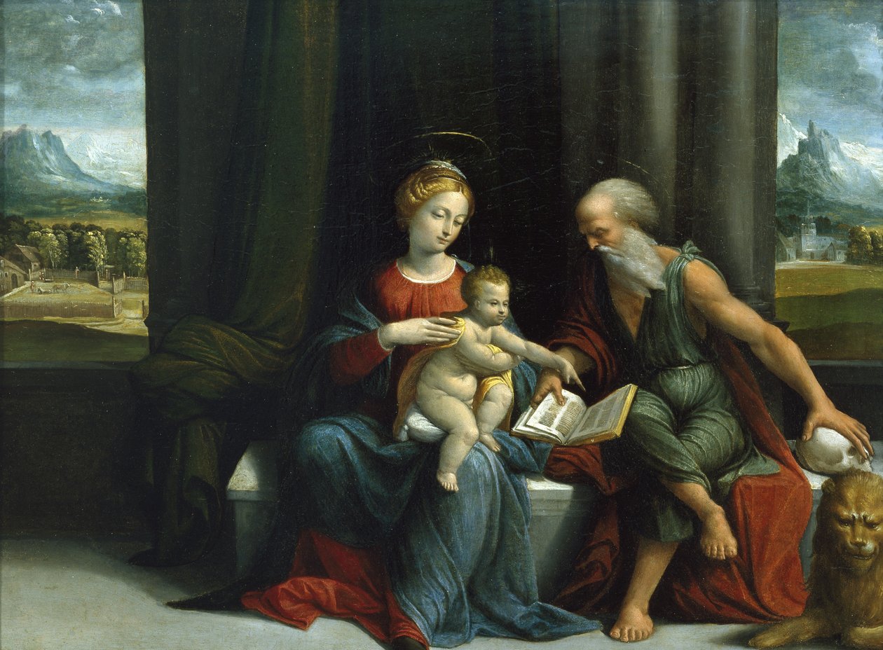 Madonna ja lapsi ja St. Jerome, n. 1530-luku (öljy paneelille) tekijältä Benvenuto Tisi da Garofalo